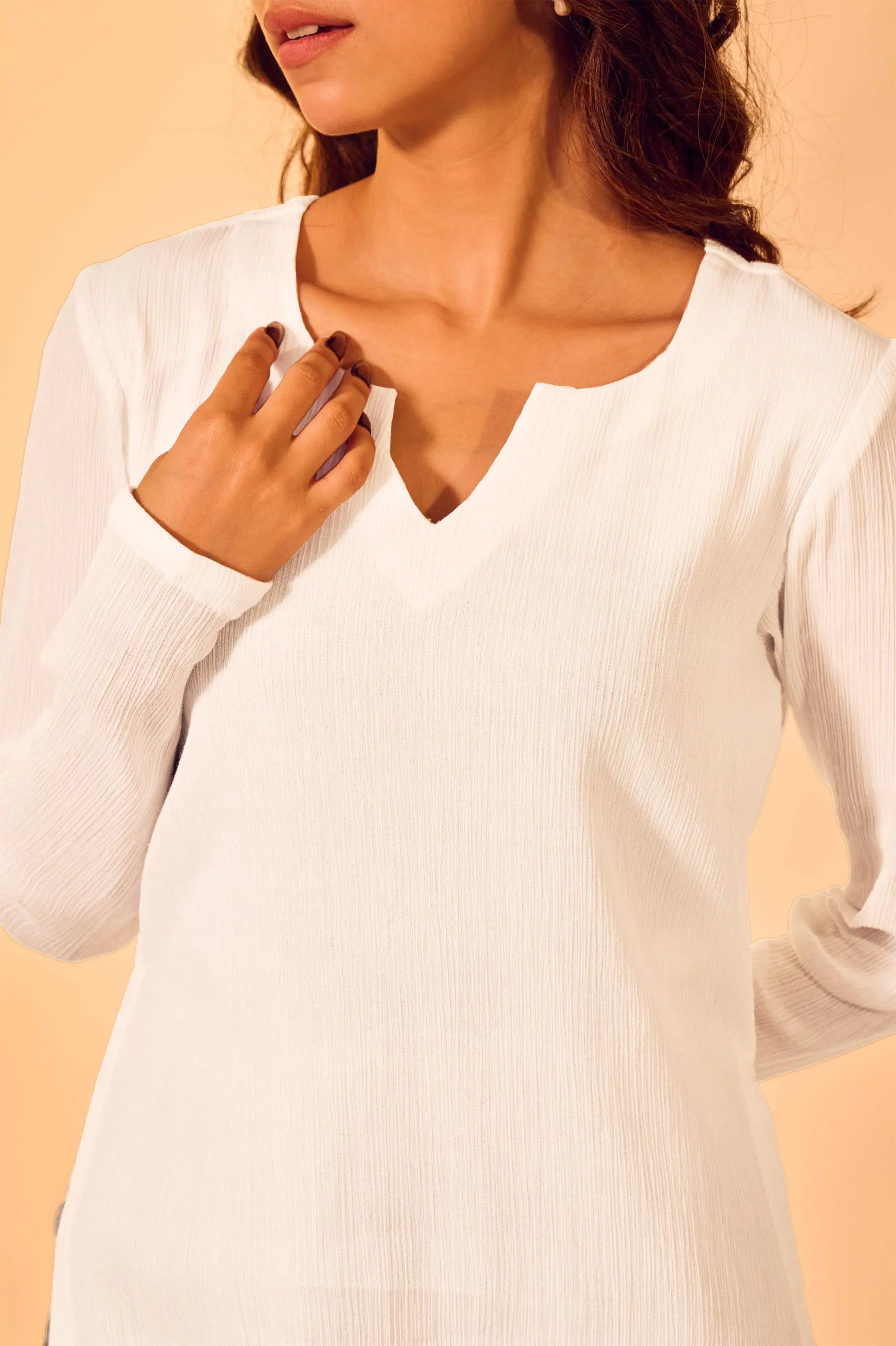 White Crushed Cotton V-Neck Kurti The House of Indu