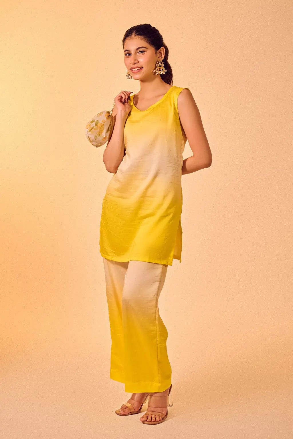 Yellow Ombré Chanderi Co-ord Set with Sleeveless Kurta & Straight Pants The House of Indu