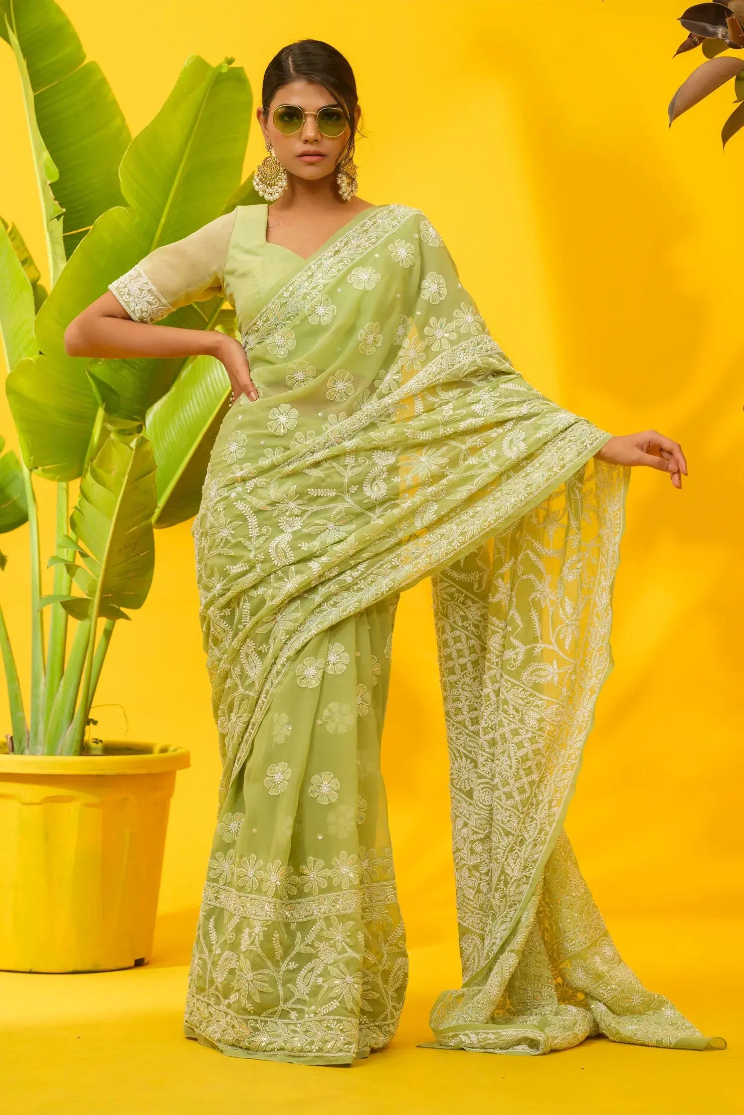 Green Georgette Chikankari Saree - Aari Work Designer Saree deals With Stitched Blouse