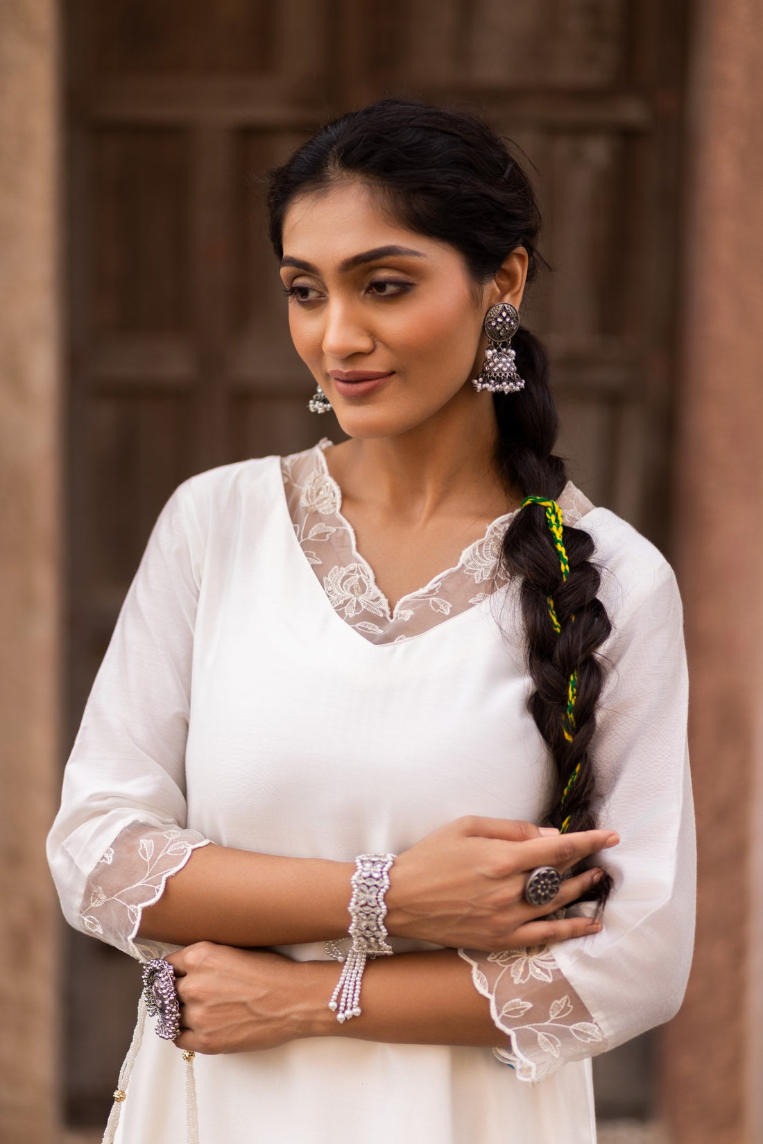 BEIGE CHANDERI A-LINE KURTI WITH ORGANZA EMBROIDERED NECKLINE | SAADGI