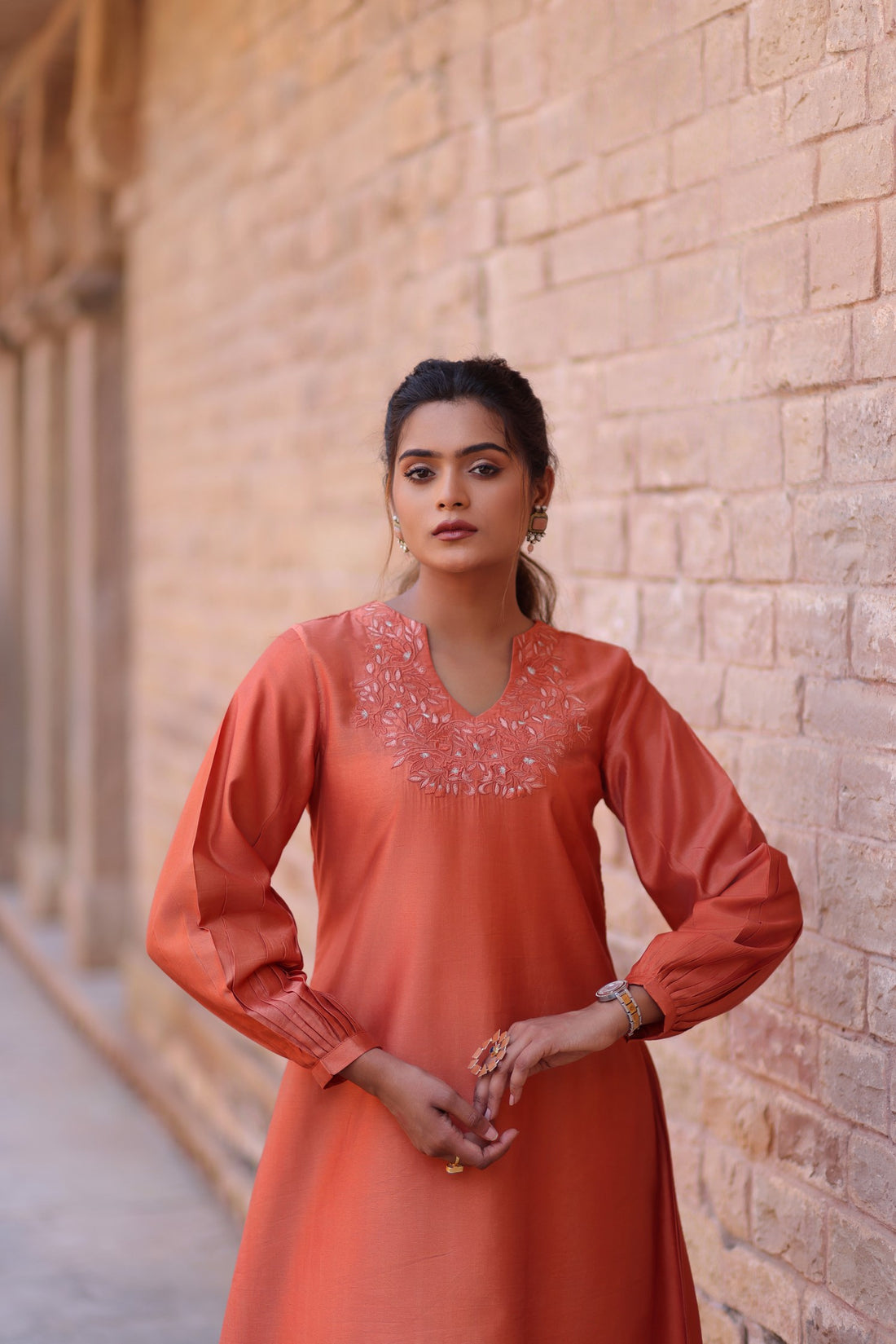 RUST A LINE SHORT KURTI WITH EMBROIDERED NECKLINE | SAADGI