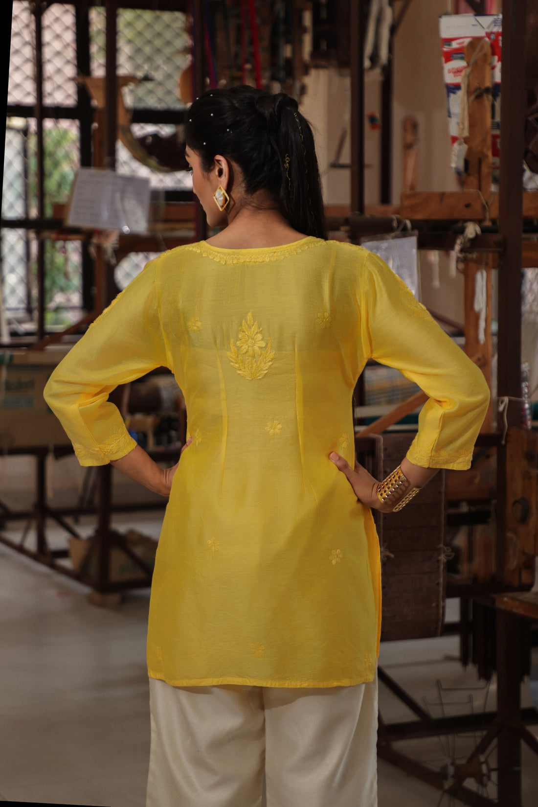 YELLOW STRAIGHT SHORT KURTI WITH CHIKANKARI | SAADGI