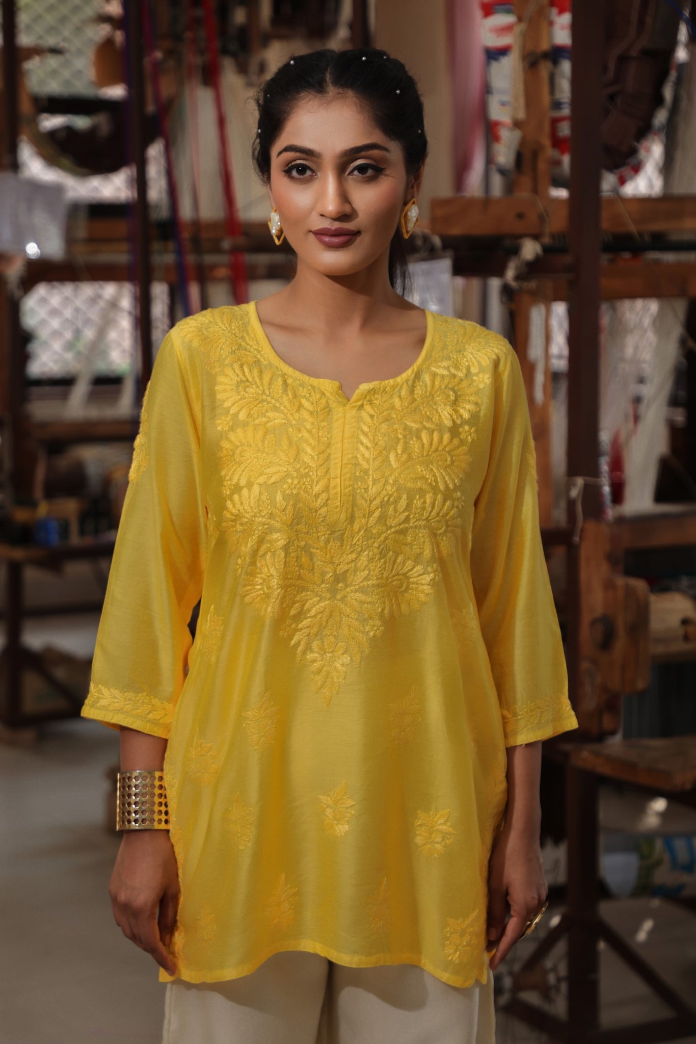 YELLOW STRAIGHT SHORT KURTI WITH CHIKANKARI | SAADGI