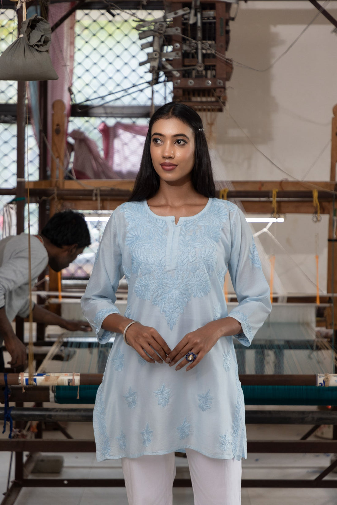 BLUE STRAIGHT SHORT KURTI WITH CHIKANKARI | SAADGI