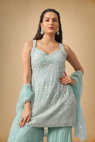 Pastel Mint Kurti Sharara Set with Cut Dana and Sequin Embroidery