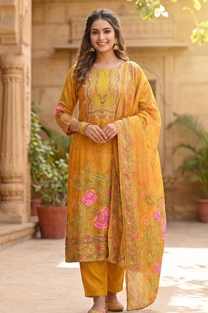 Woman wearing a yellow floral traditional outfit sitting on a chair against a beige background