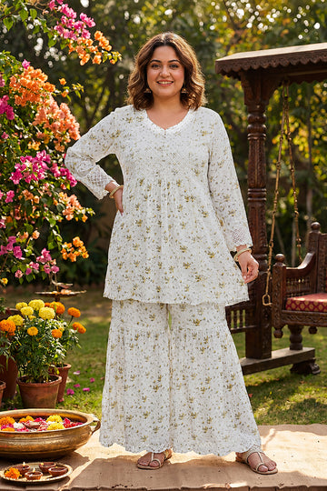 Women's White Floral Printed Chiffon Co-Ord Set with Sharara