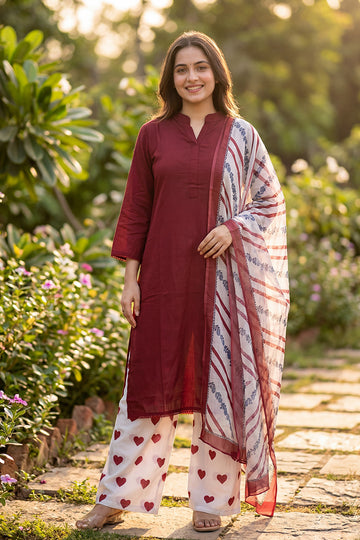 Red Cotton Suit Set for Women with Dupatta
