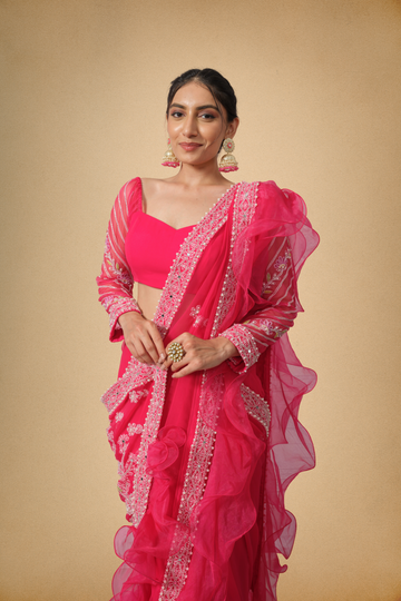 Pink Georgette Saree with Chikankari Embroidery and Organza Ruffles