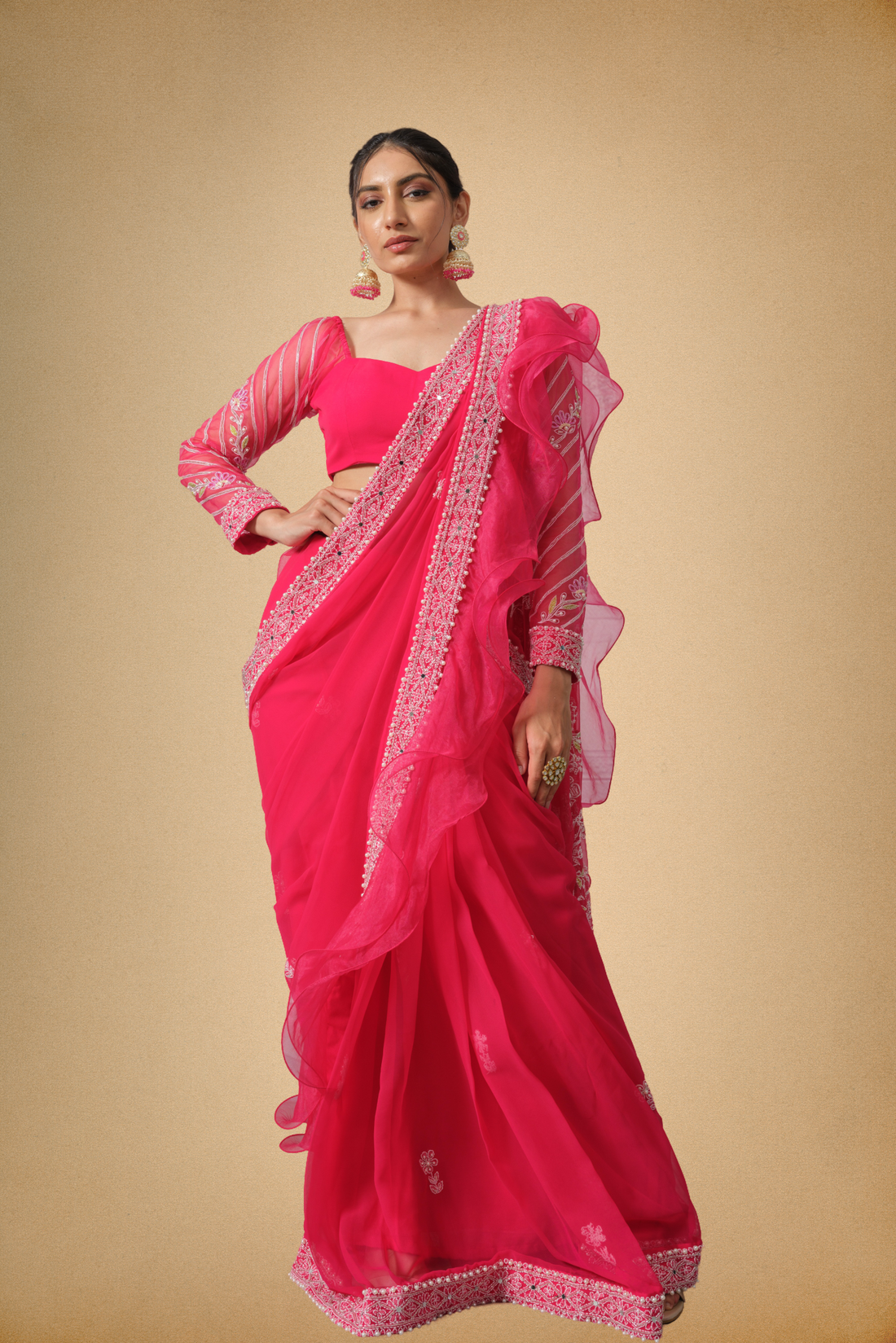 Pink Georgette Saree with Chikankari Embroidery and Organza Ruffles