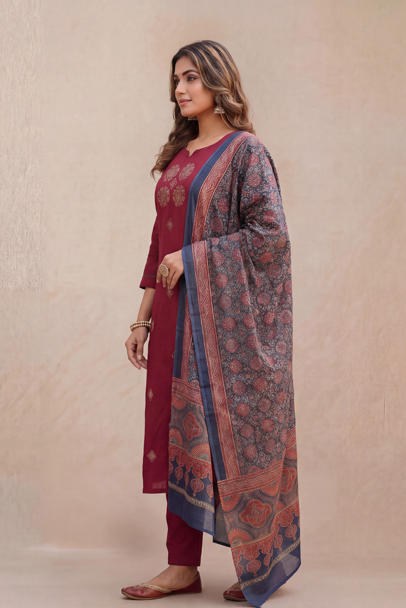 Woman wearing a maroon kurta with a patterned dupatta against a beige background