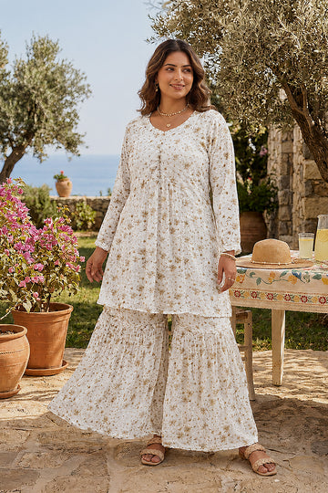 Ivory Floral Chiffon Sharara Co-Ord Set for Women