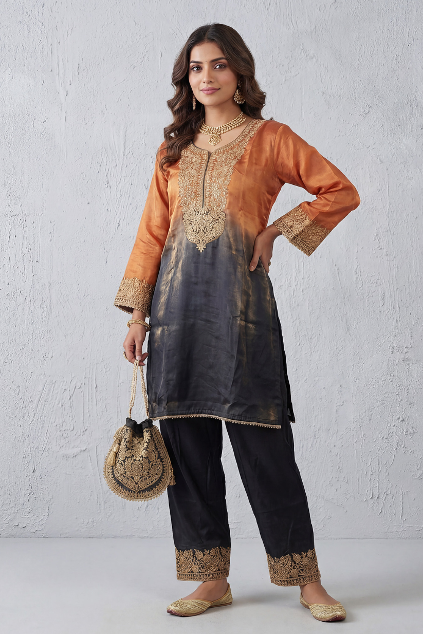 Rust & Black Ombre Embroidered Kurta Set