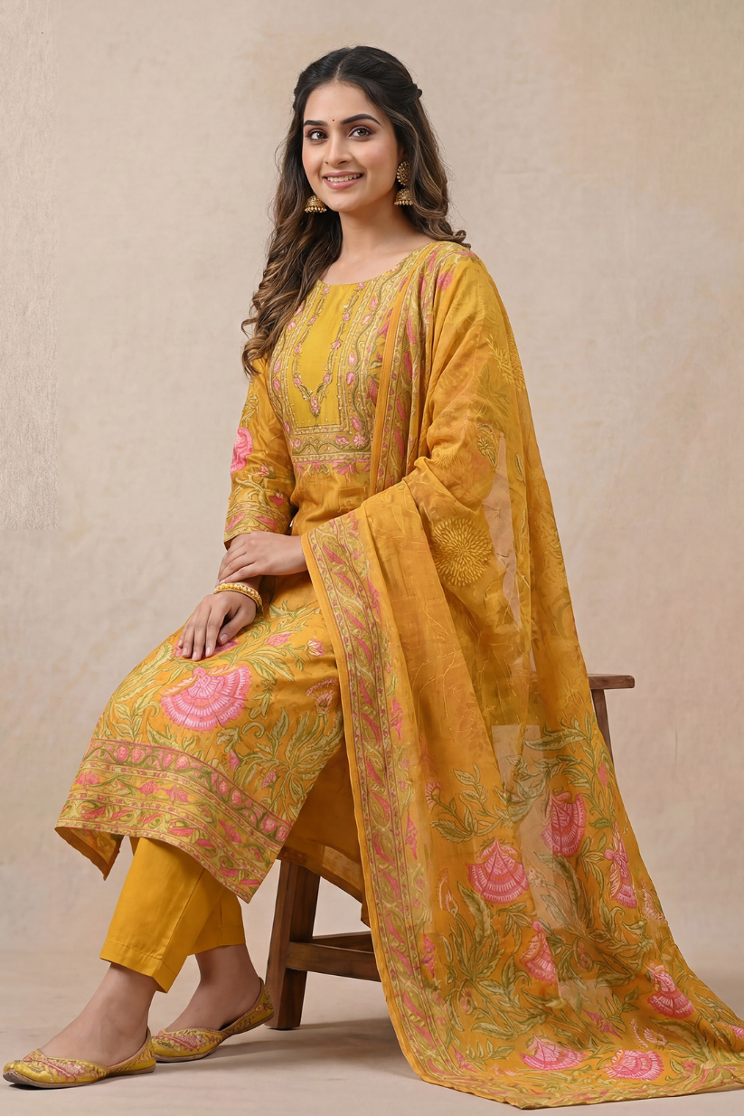Woman wearing a yellow floral traditional outfit sitting on a chair against a beige background