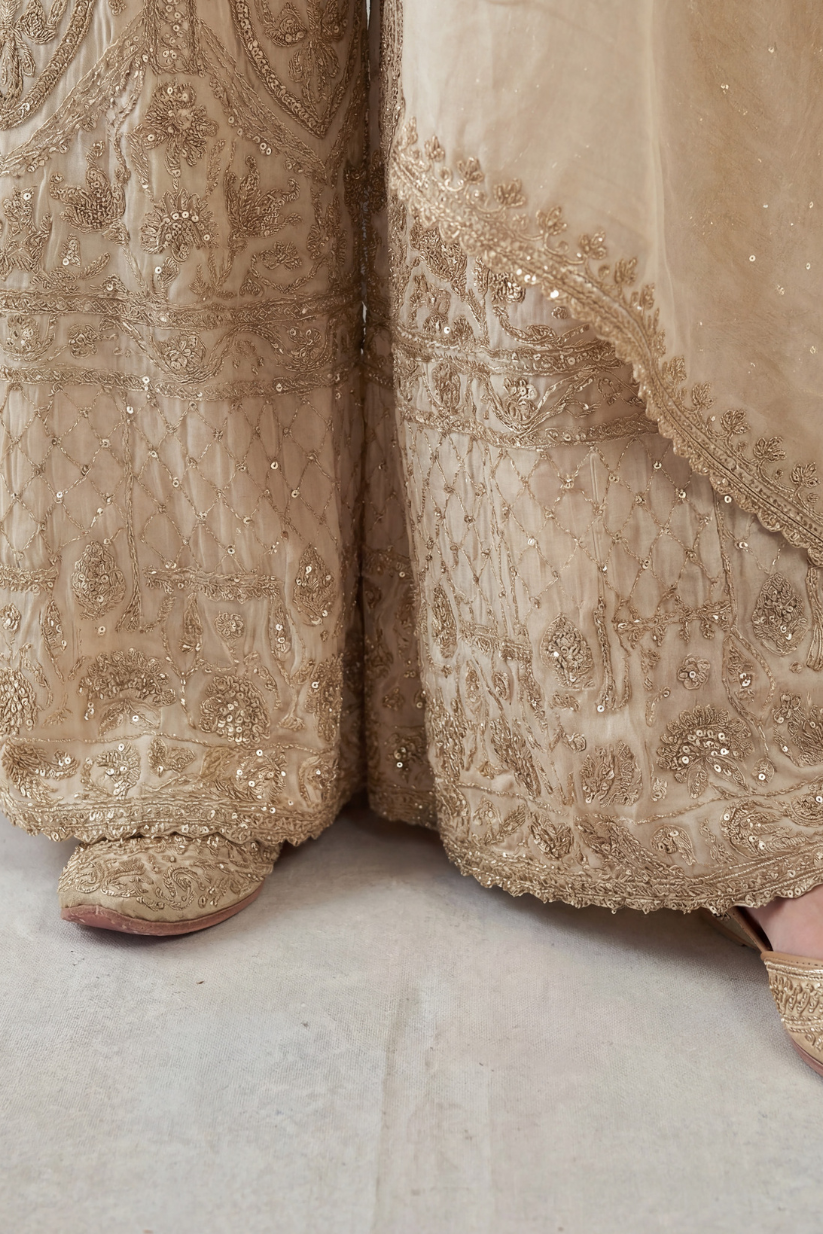 Ivory Gold Embroidered Kurta Sharara Set with Dupatta