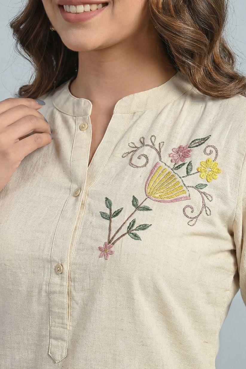 Cream embroidered kurti for women casual ethnic wear top