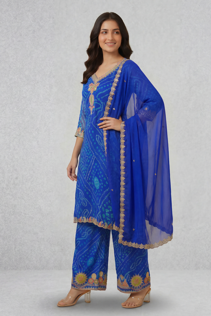 Side view of royal blue embroidered kurta palazzo set with matching dupatta for women festive ethnic wear