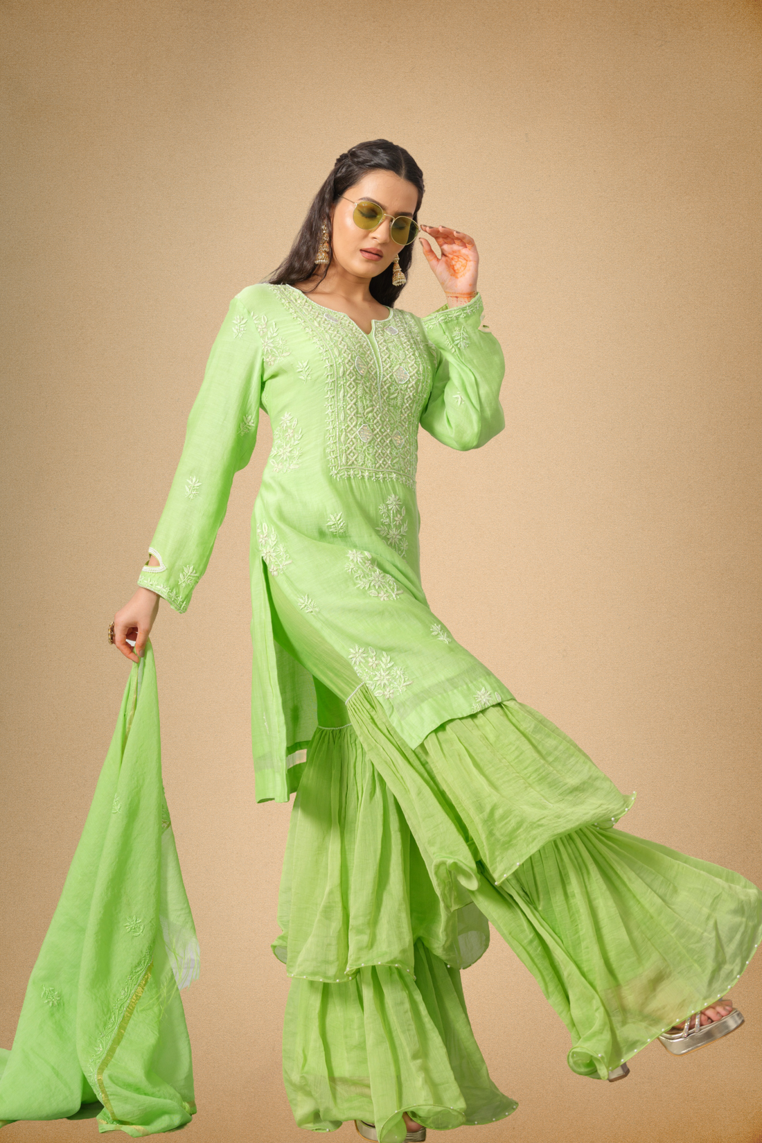 Parrot Green Mul Chanderi Sharara Set with Intricate Paisley Embroidery and Pearl Detailing