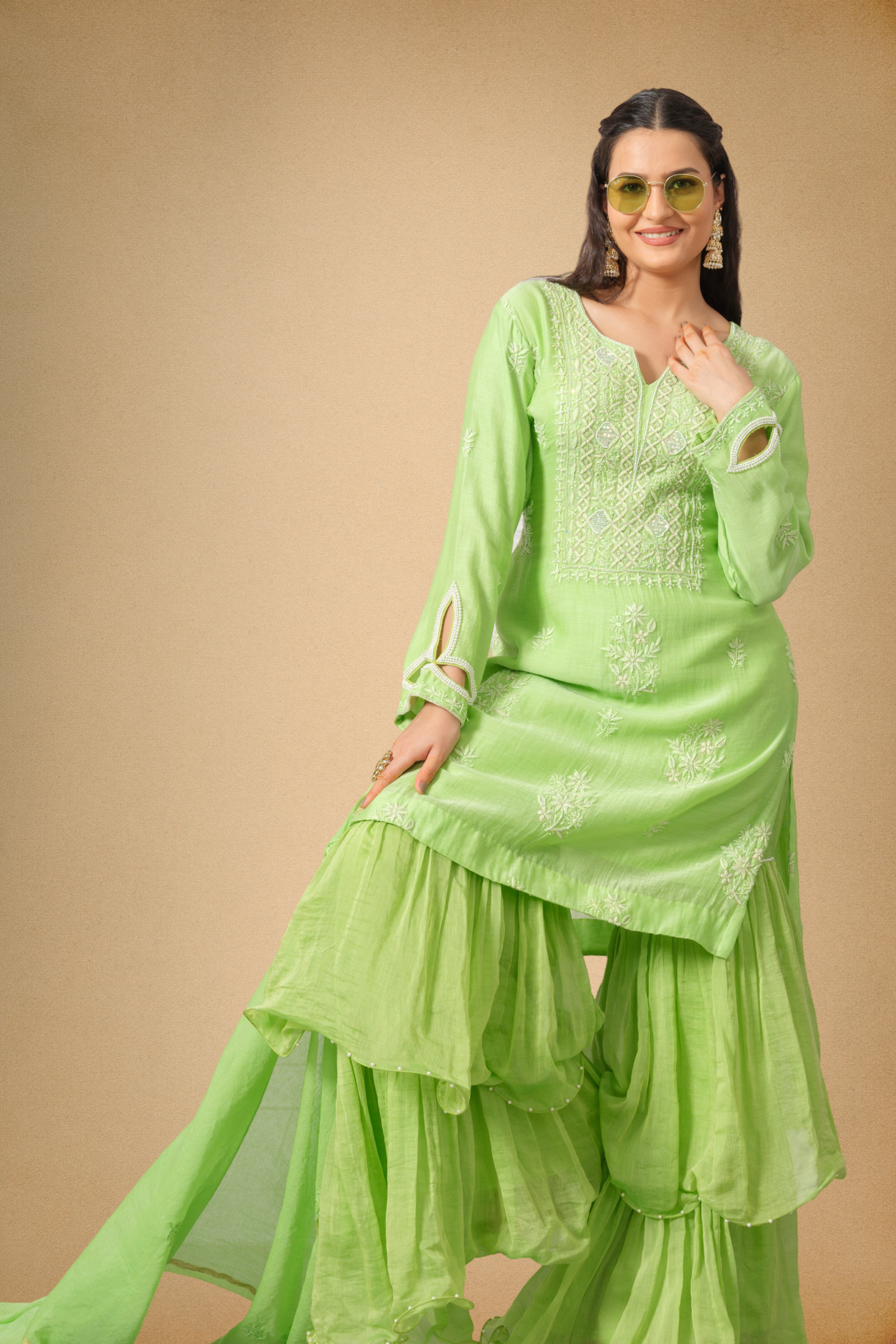 Parrot Green Mul Chanderi Sharara Set with Intricate Paisley Embroidery and Pearl Detailing