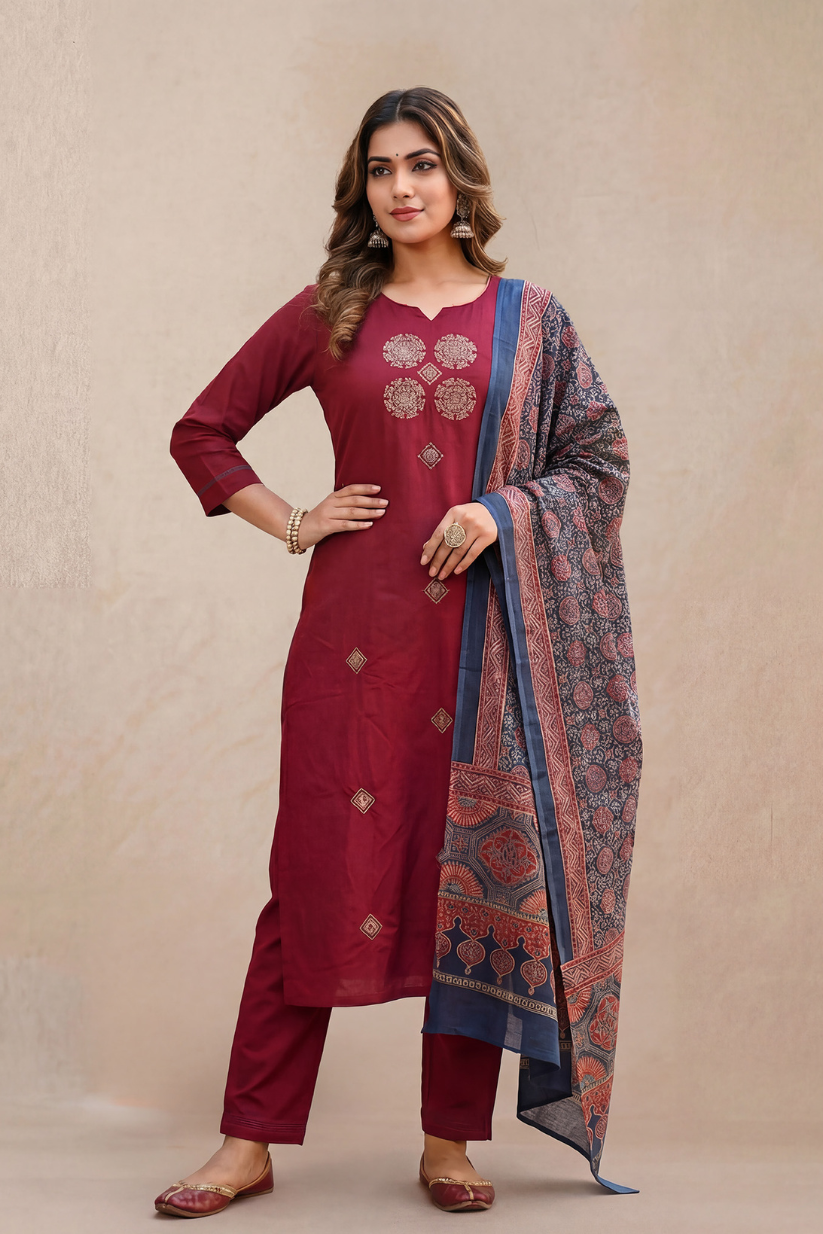 Woman wearing a maroon traditional outfit with a patterned dupatta on a beige background