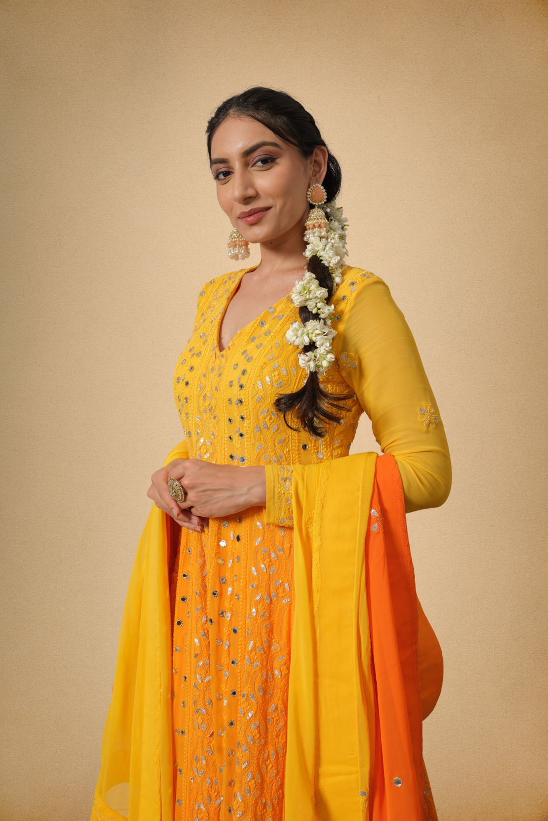 Sunset Yellow Mirrorwork Anarkali with Ombre Dupatta