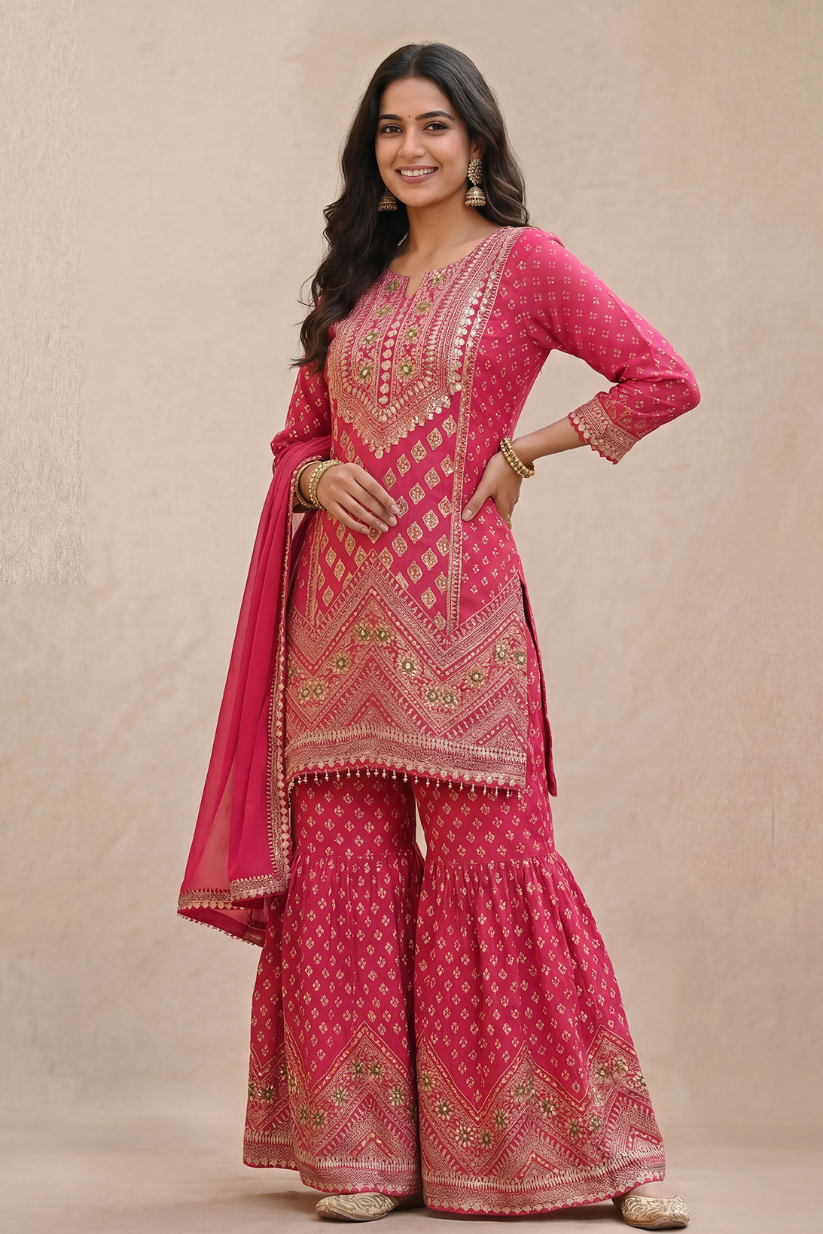 Woman wearing a pink embroidered traditional outfit on a beige background