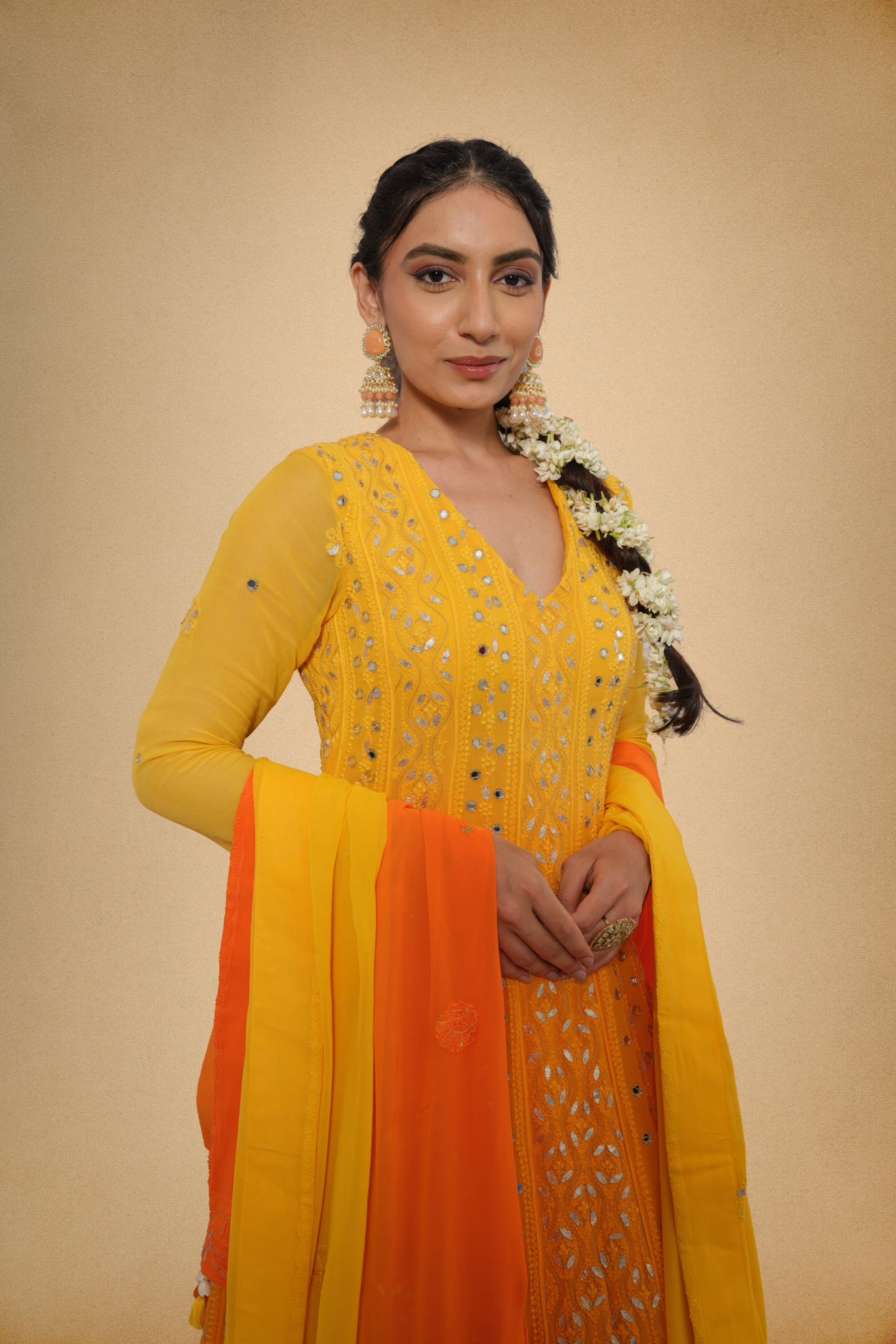 Sunset Yellow Mirrorwork Anarkali with Ombre Dupatta