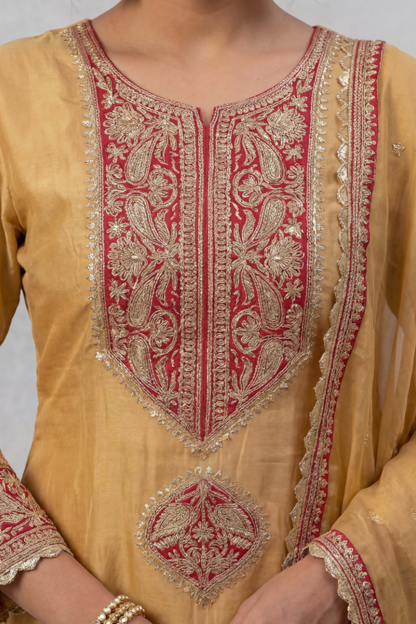 Mustard & Red Embroidered Kurta Pant Set with Dupatta