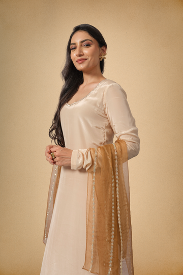 Latte Brown Full Sleeves Kurta Pant Set with Organza Dupatta and Cut Dana Work