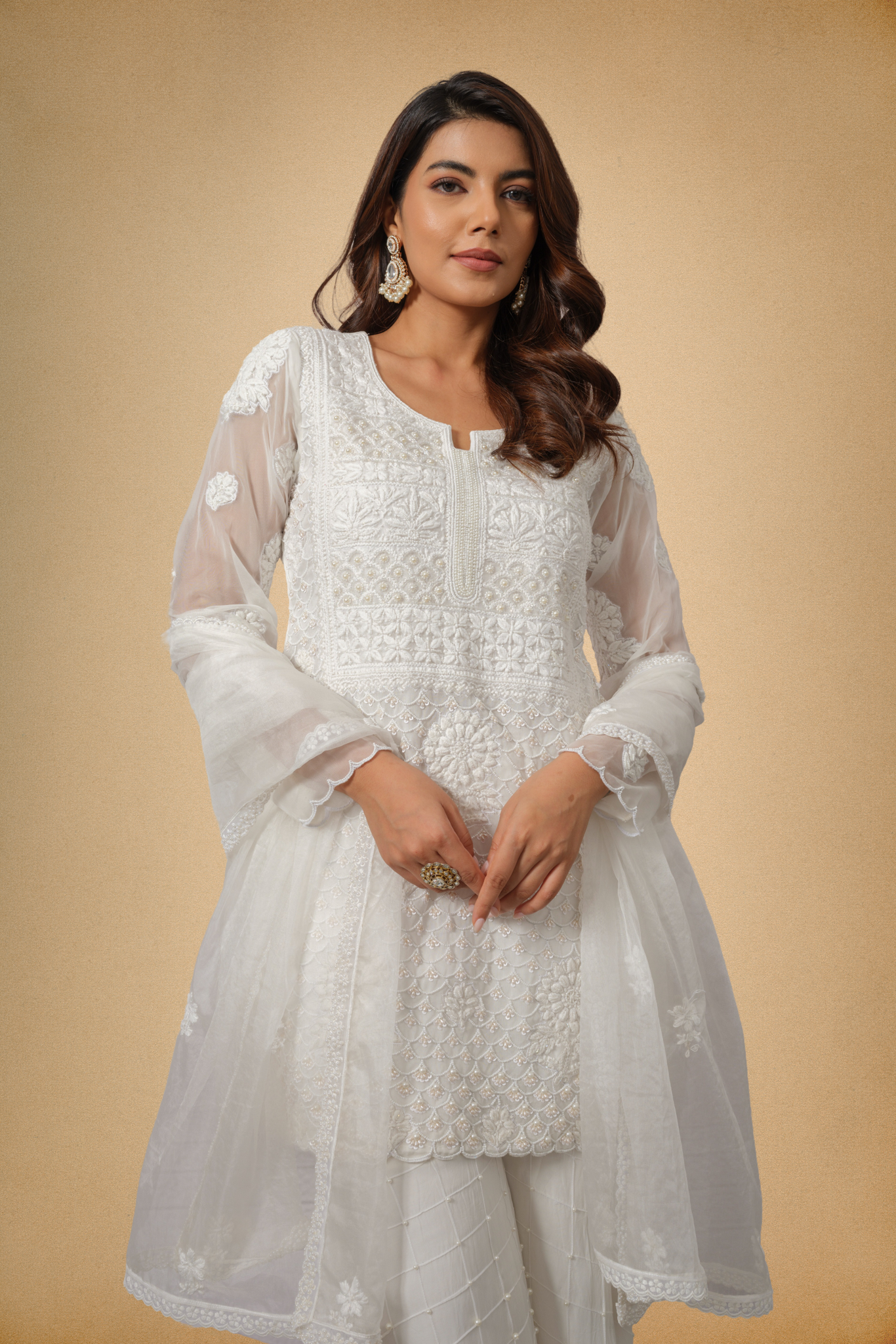 White Chikankari Organza Sharara Set with Pearl Beading