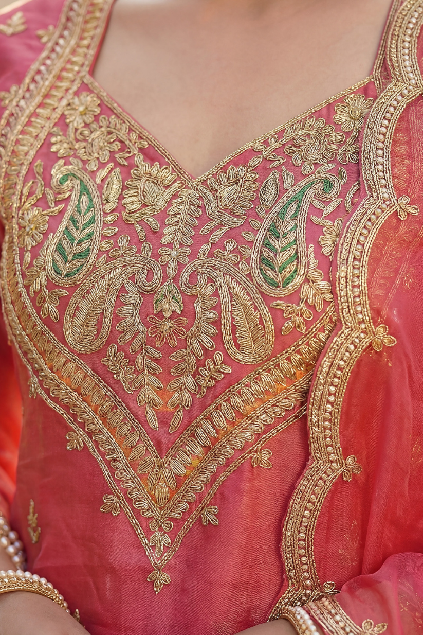 Coral Pink Embroidered Kurta Pant Set with Dupatta & Potli Bag