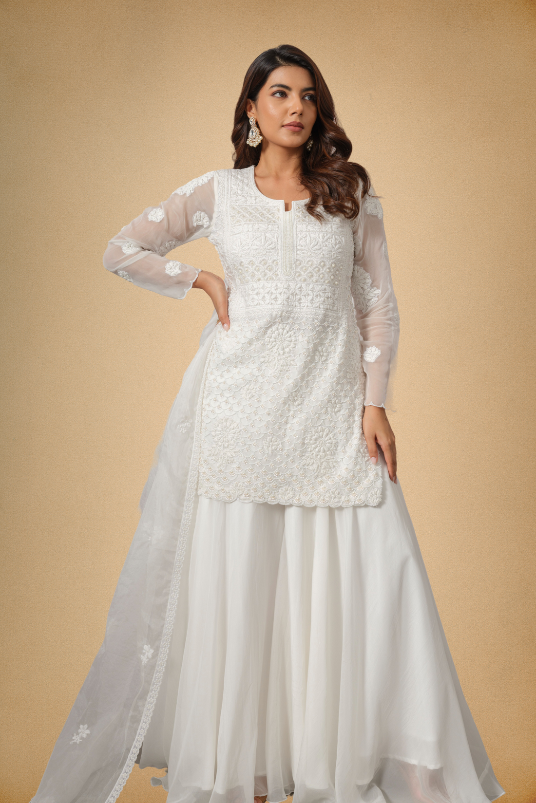 White Chikankari Organza Sharara Set with Pearl Beading