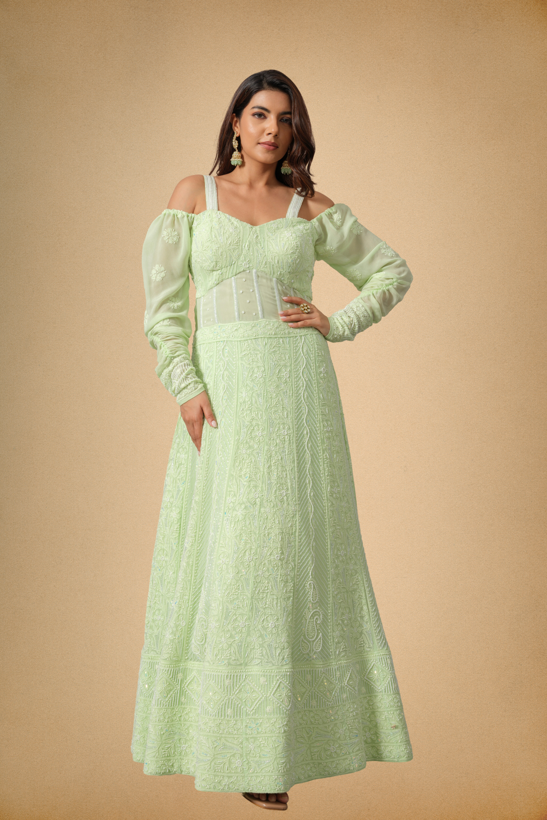 Regal Mint Green Anarkali with Floral Motifs and Intricate Cutdana, Beading, and Sequins