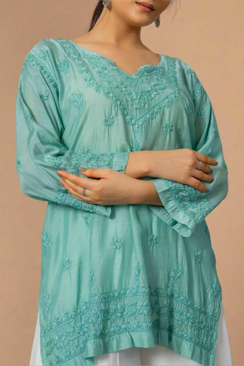 Aqua Blue Chikankari Muslin Short Kurta The House of Indu