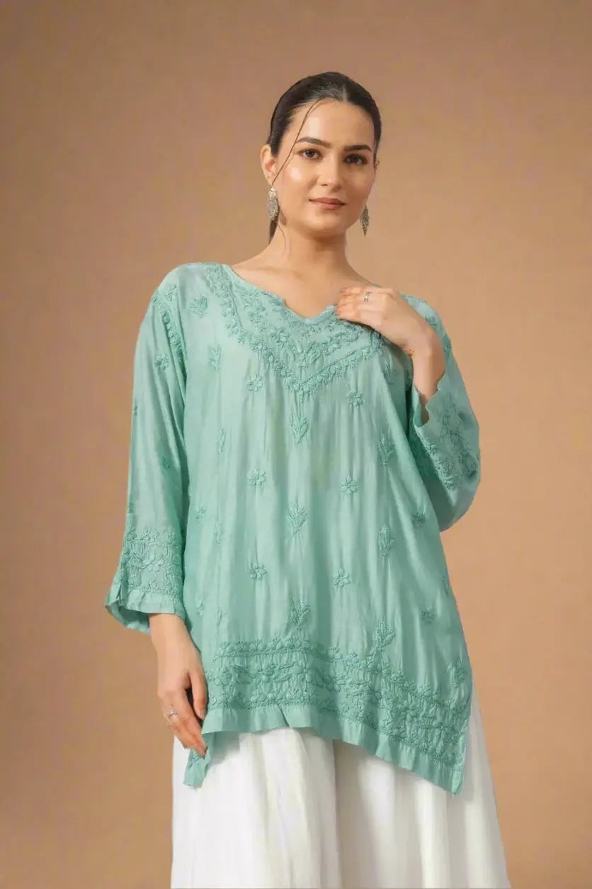 Aqua Blue Chikankari Muslin Short Kurta The House of Indu