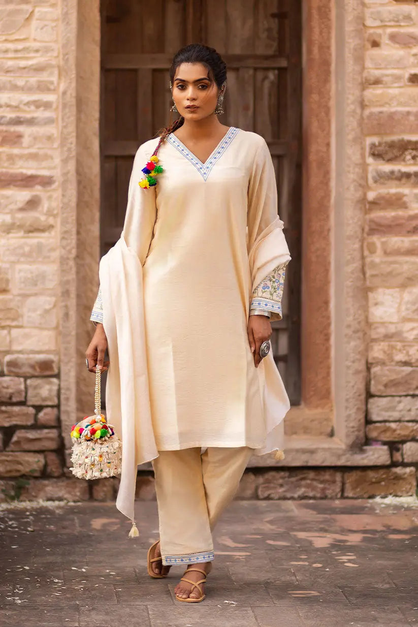 BEIGE STRAIGHT KURTI SET WITH EMBROIDERED FLARED SLEEVES The House of Indu