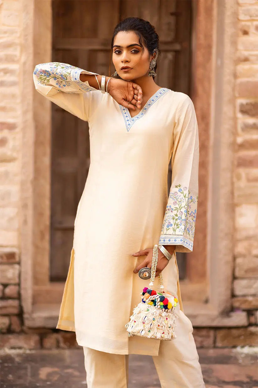 BEIGE STRAIGHT KURTI SET WITH EMBROIDERED FLARED SLEEVES The House of Indu