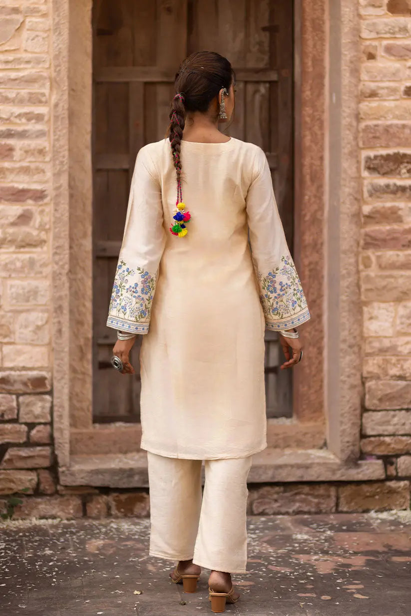 BEIGE STRAIGHT KURTI SET WITH EMBROIDERED FLARED SLEEVES The House of Indu