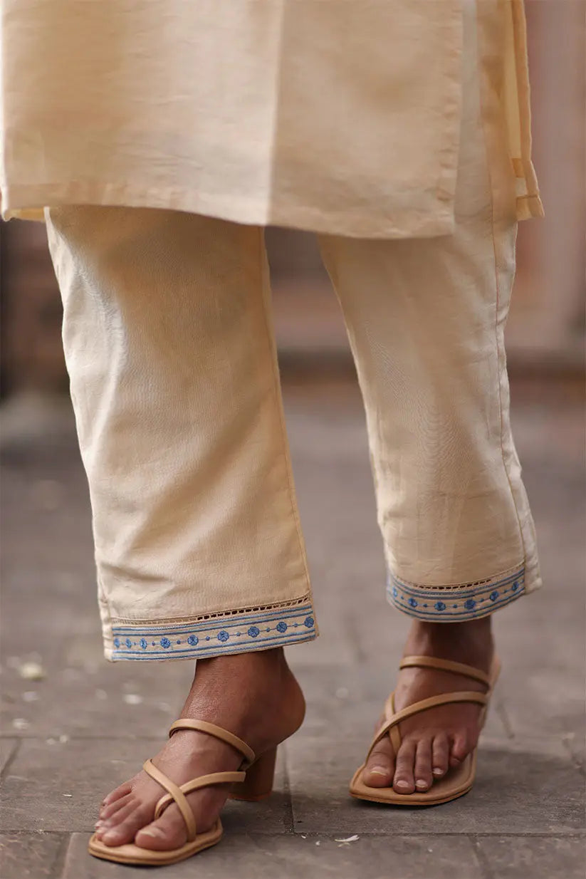 BEIGE STRAIGHT KURTI SET WITH EMBROIDERED FLARED SLEEVES The House of Indu