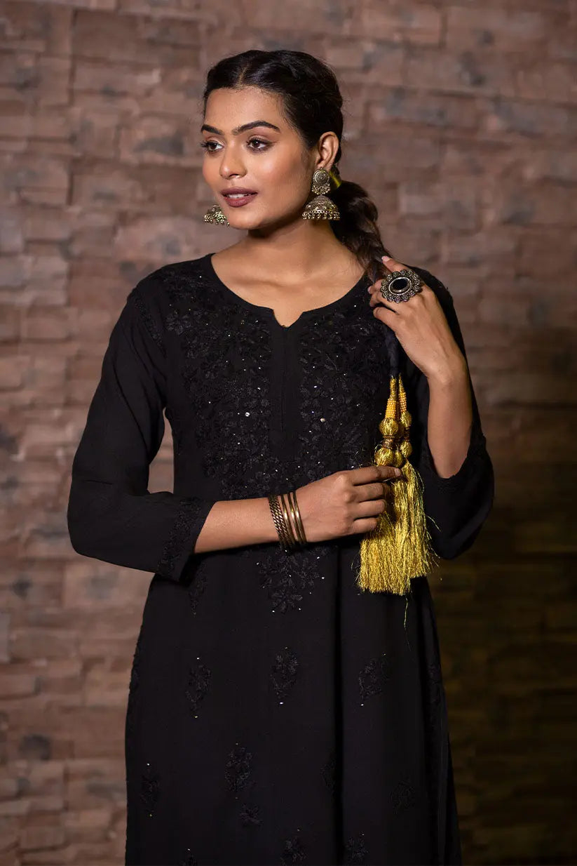 Black Kurta Set With Chikankari And Mukaish Work | Saadgi The House of Indu