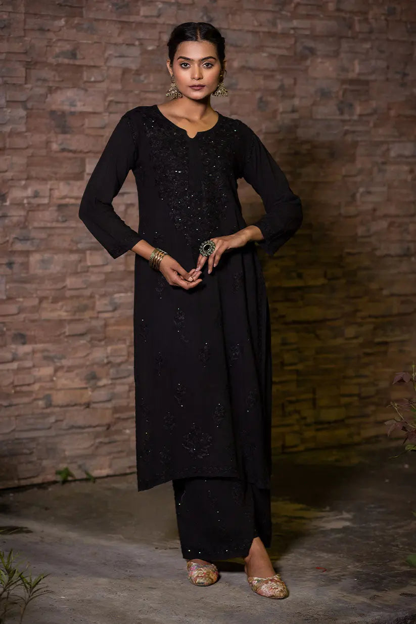 Black Kurta Set With Chikankari And Mukaish Work | Saadgi The House of Indu