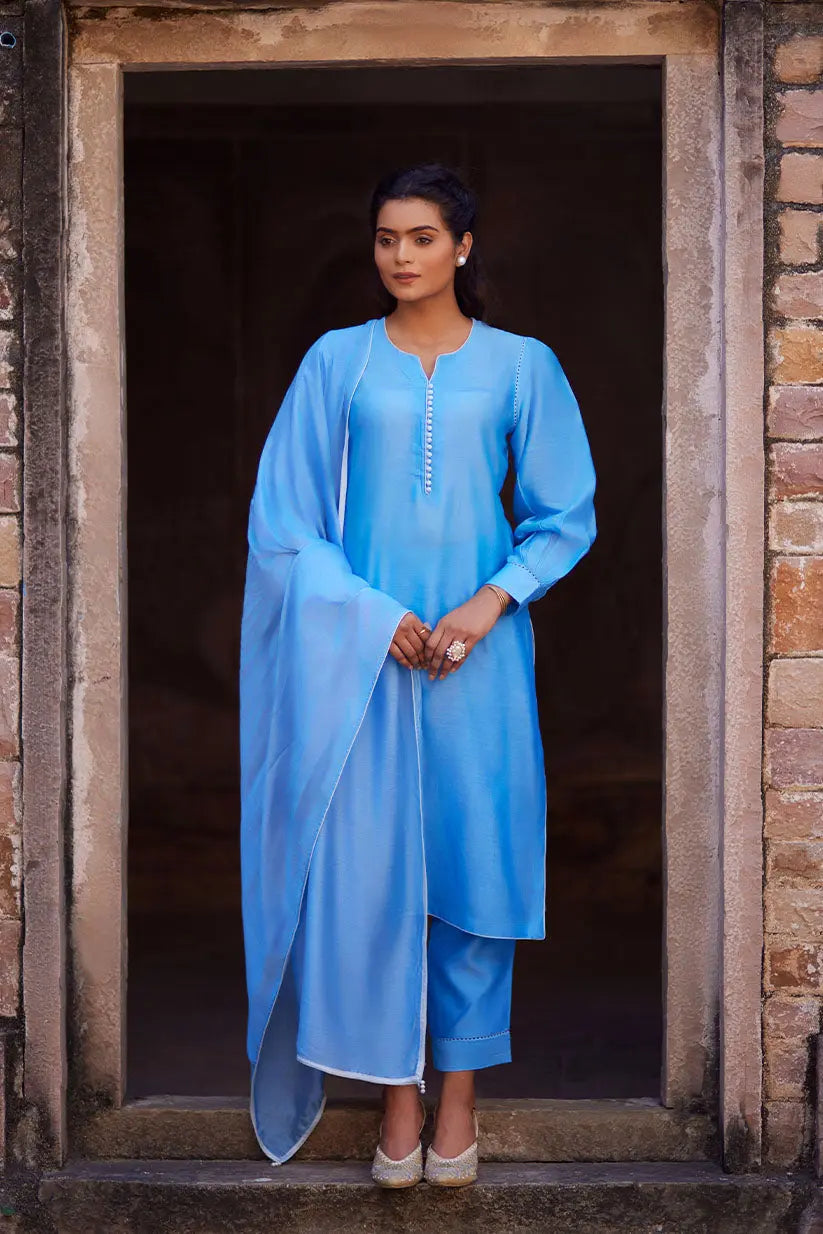 Blue Chanderi Kurti Set With Connector & Piping Details | Saadgi The House of Indu