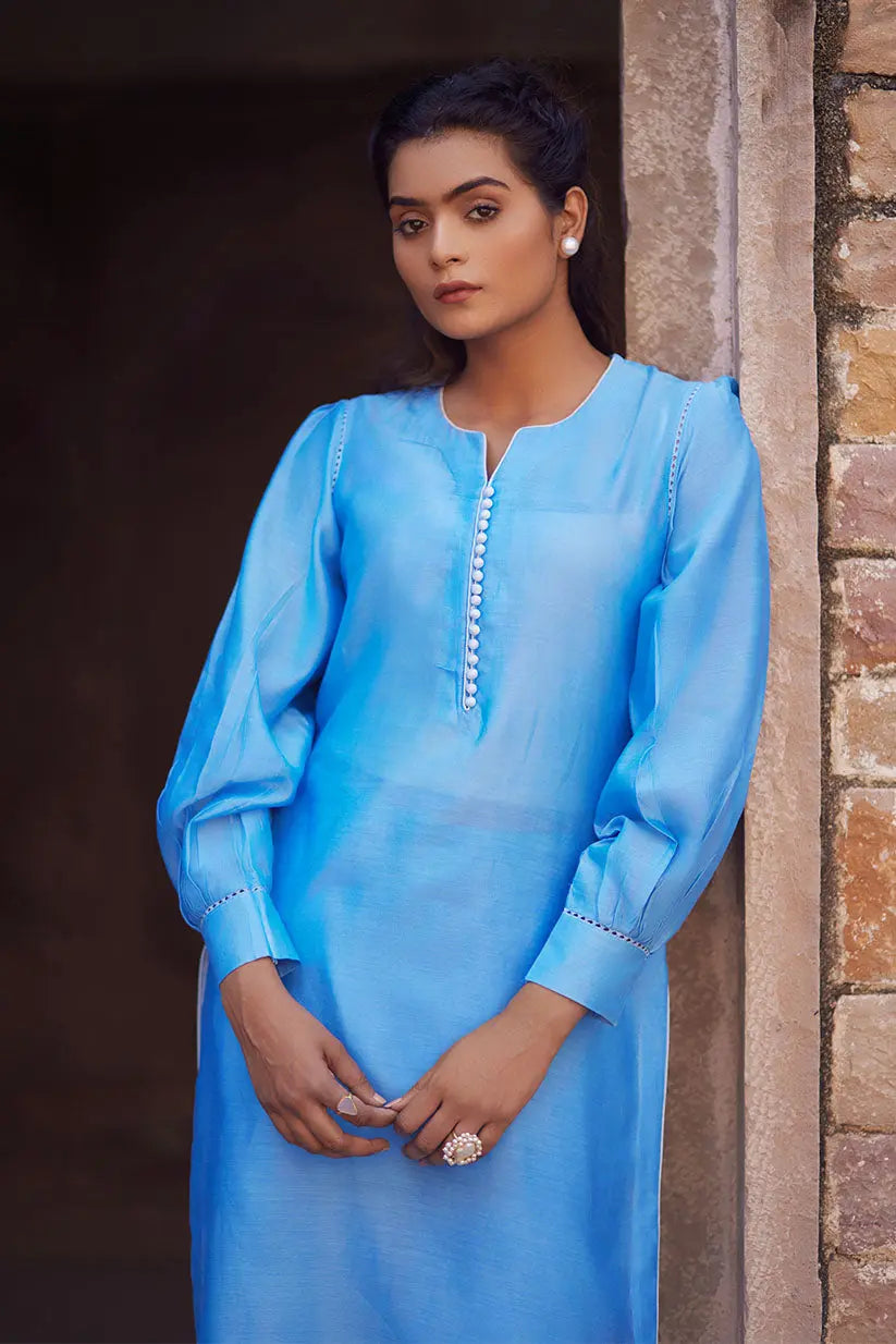 Blue Chanderi Kurti Set With Connector & Piping Details | Saadgi The House of Indu