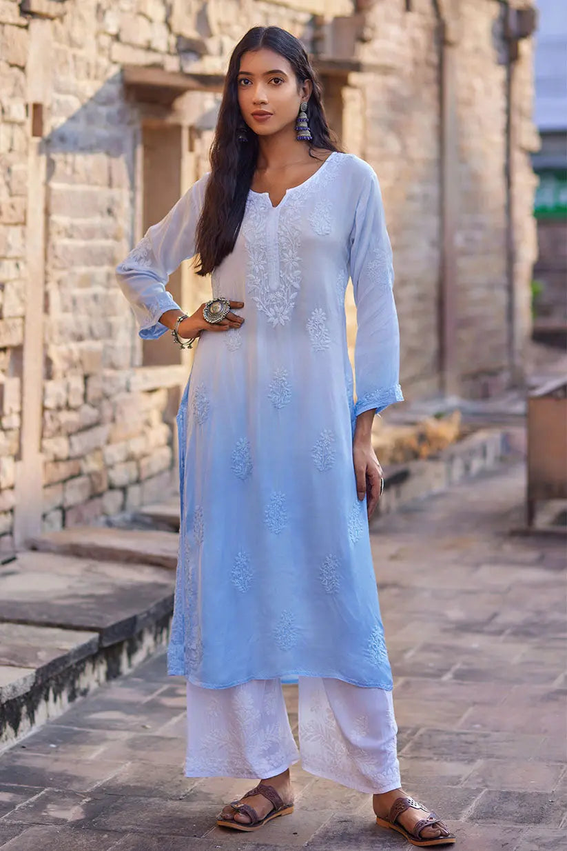 Blue Ombre Straight Kurti With Chikankari Embroidery | Saadgi The House of Indu