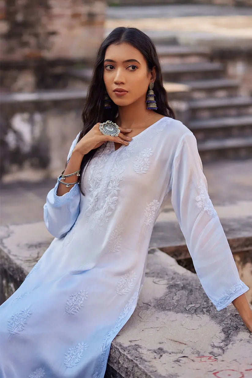 Blue Ombre Straight Kurti With Chikankari Embroidery | Saadgi The House of Indu