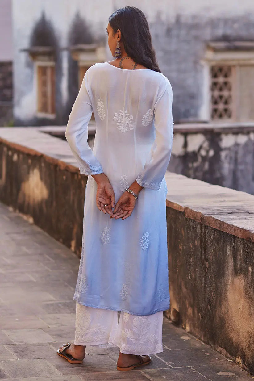 Blue Ombre Straight Kurti With Chikankari Embroidery | Saadgi The House of Indu