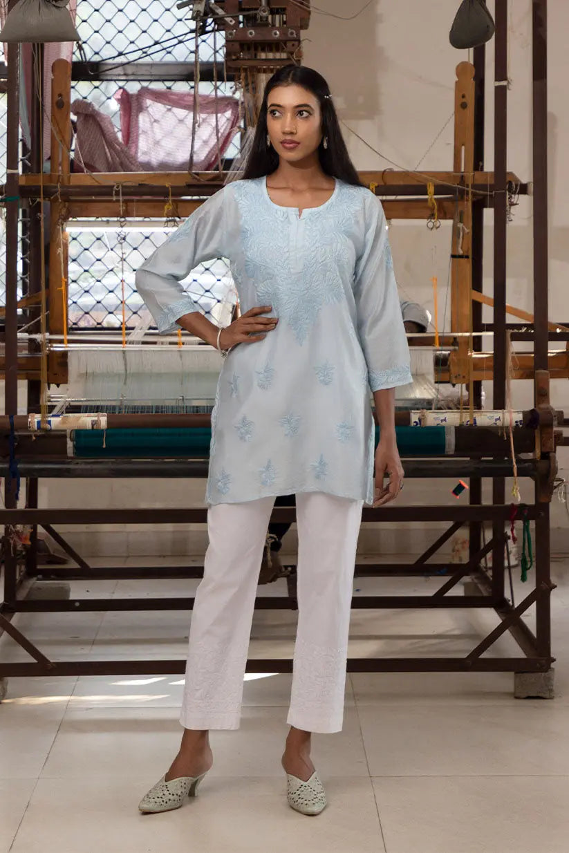 Blue Straight Short Kurti With Chikankari | Saadgi The House of Indu