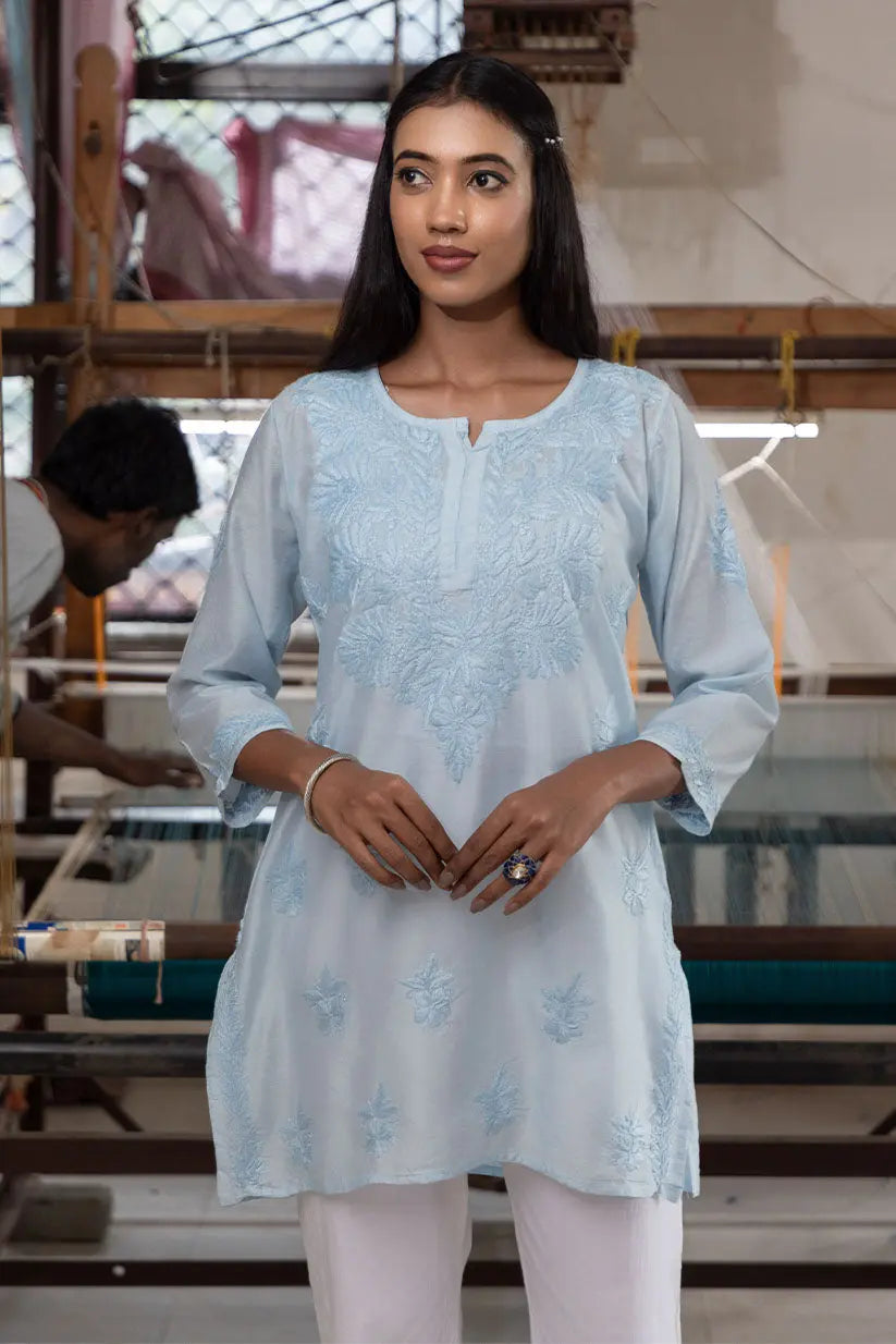 Blue Straight Short Kurti With Chikankari | Saadgi The House of Indu