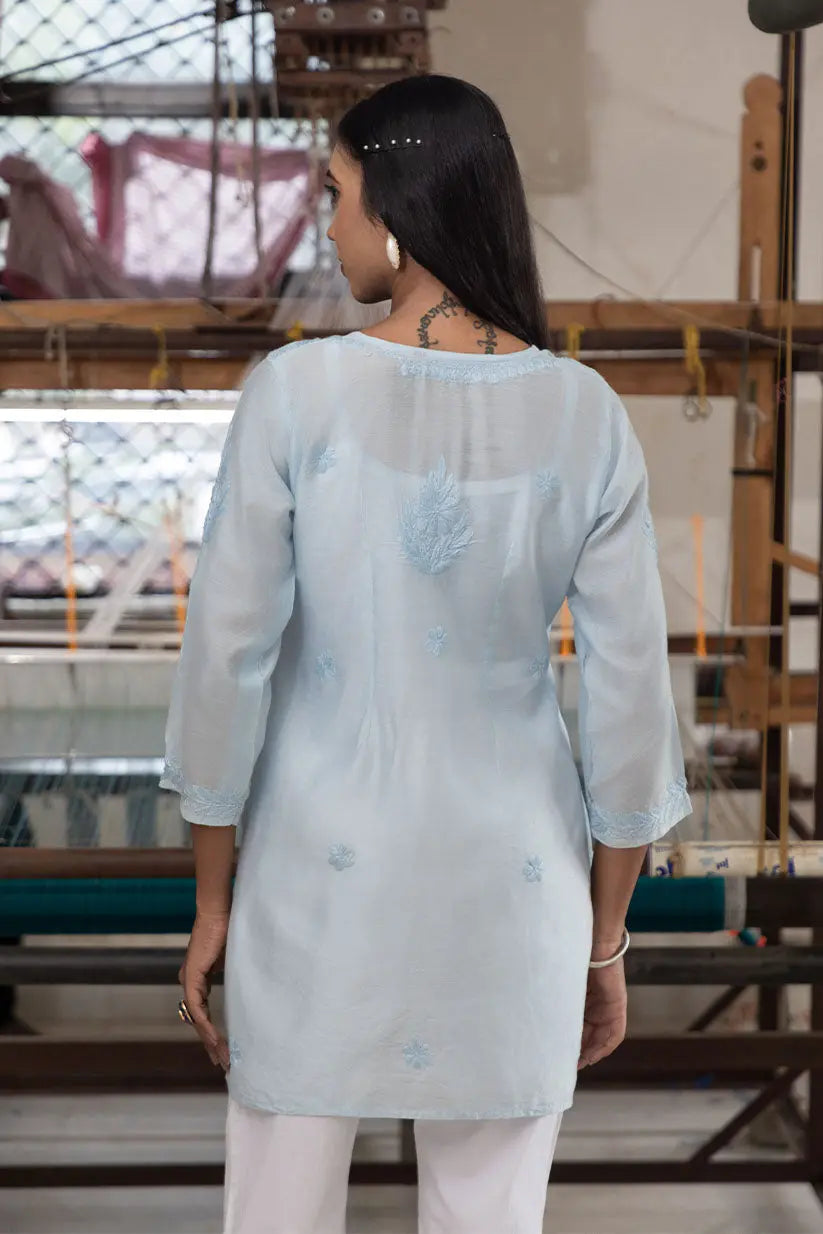 Blue Straight Short Kurti With Chikankari | Saadgi The House of Indu