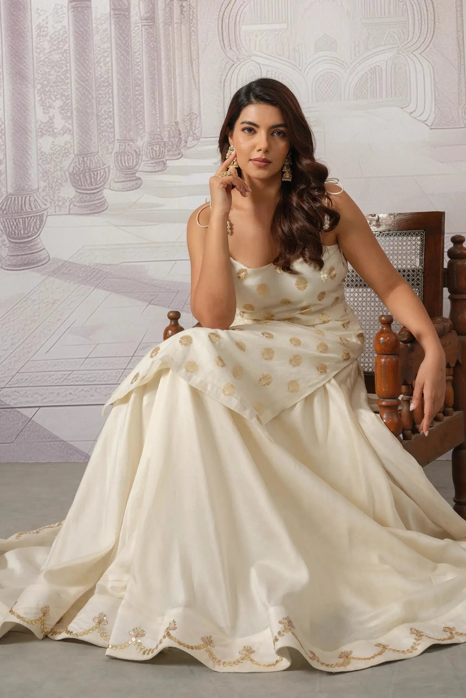 Cream Chanderi Skirt and Brocade Kurta Set with Handcrafted Zari Border The House of Indu